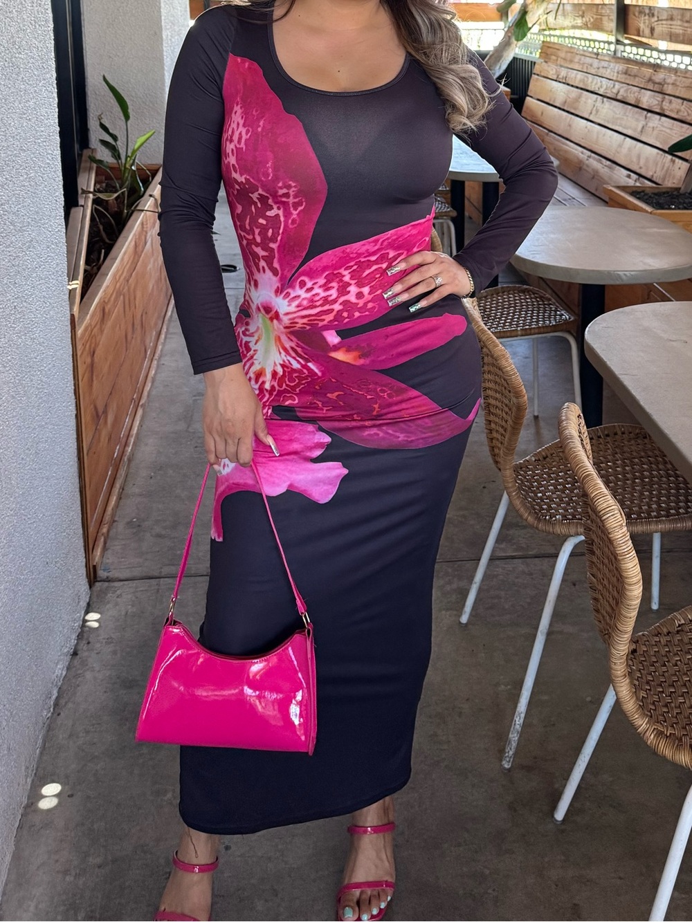 Women's Long Sleeve Black Dress with Pink Floral Print